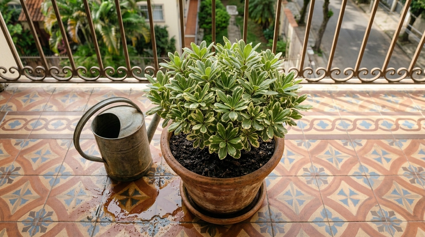 Vaso de barro com planta de folhas verdes com bordas claras sobre piso de ladrilho decorado, ao lado de um regador metálico com água derramada.