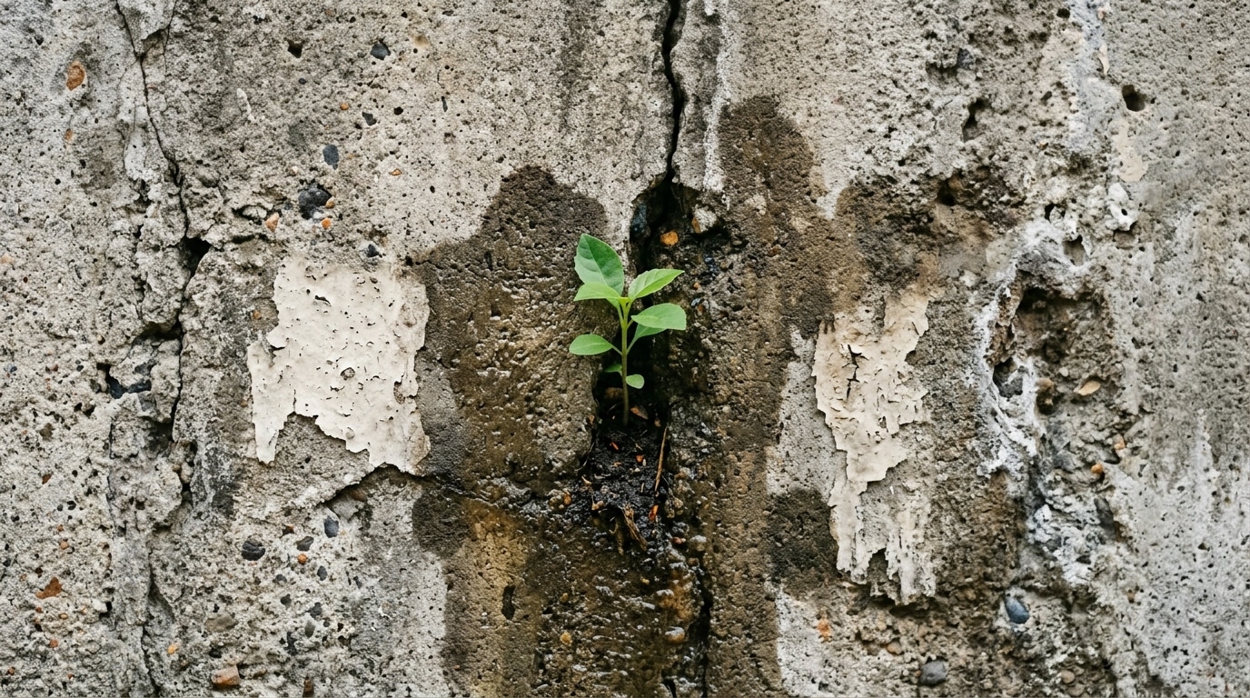 Pequena planta verde brotando de uma rachadura vertical úmida em um muro de concreto cinza com restos de tinta branca descascada.