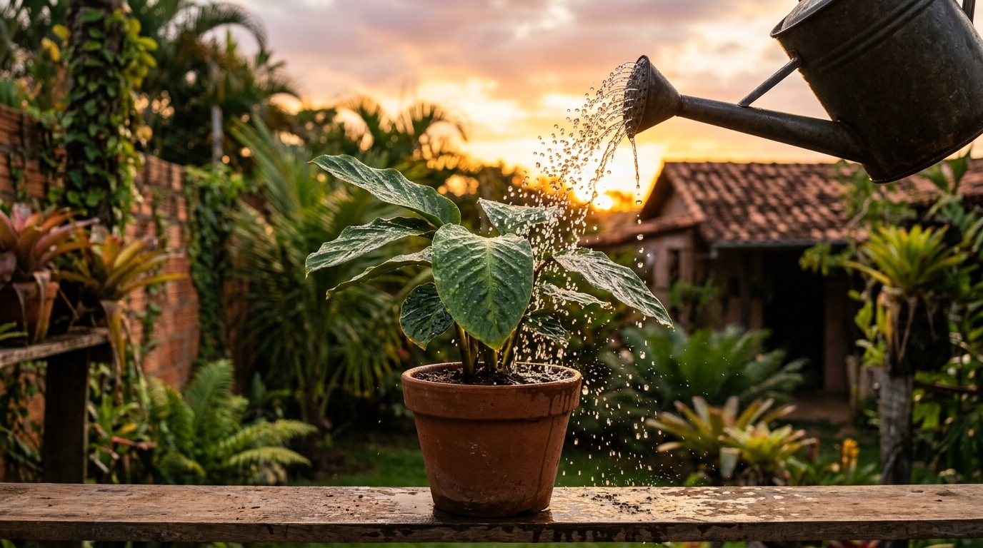 Água caindo do bico de um regador de metal sobre as folhas de uma planta em vaso de cerâmica, com um vibrante pôr do sol dourado ao fundo.