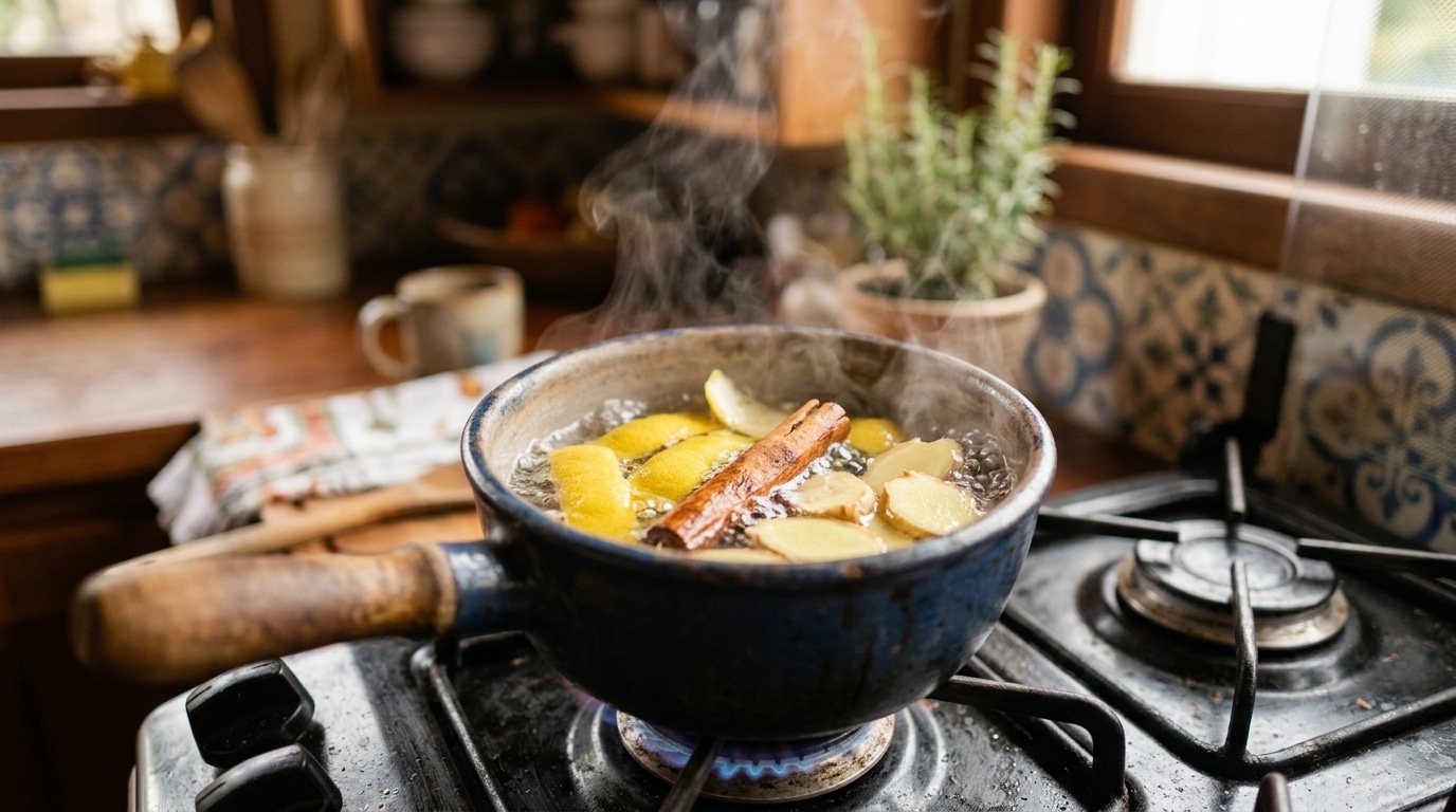 Panela rústica azul de cerâmica sobre a chama de um fogão a gás, fervendo água intensamente com cascas de limão, fatias de gengibre e um pau de canela. Uma espessa nuvem de vapor sobe no ambiente aconchegante da cozinha.