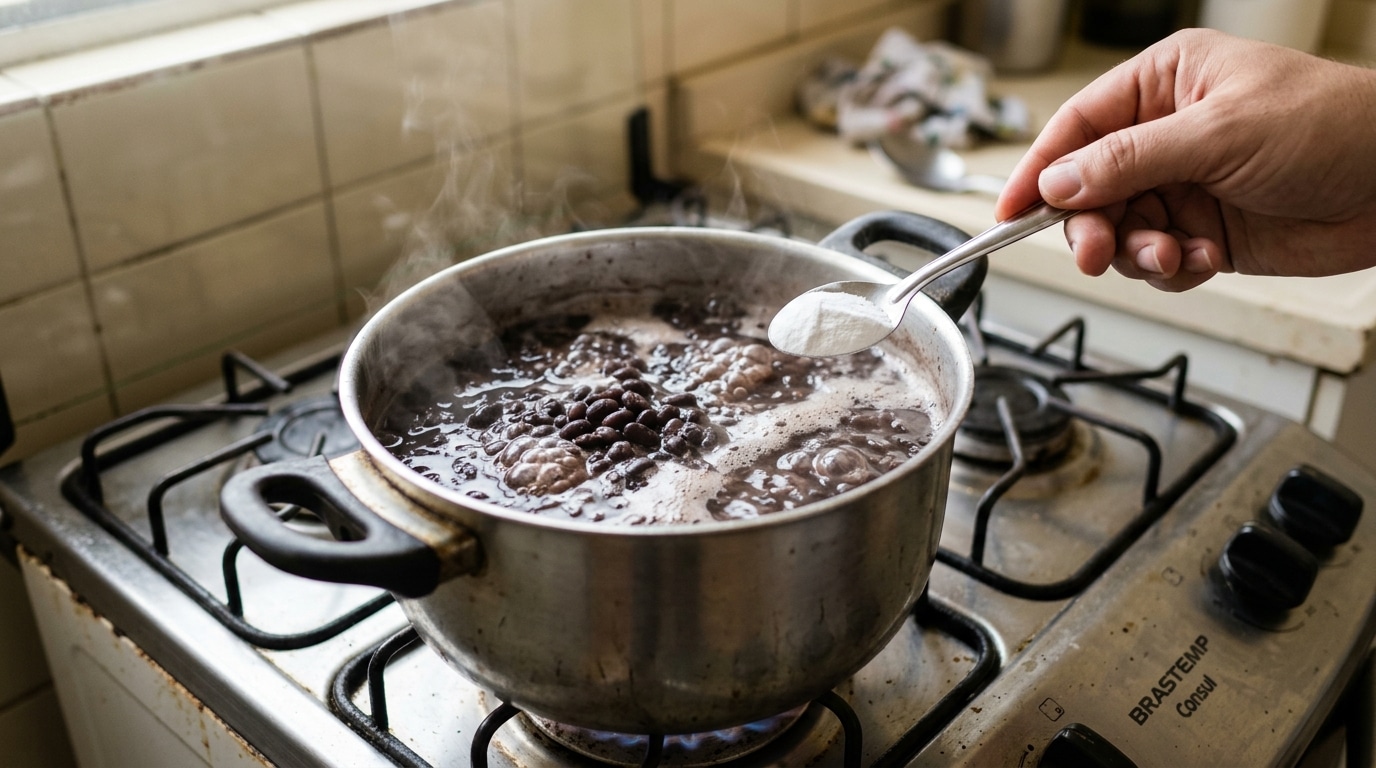 Panela destampada sobre a boca do fogão acesa, mostrando um caldo de feijão borbulhando intensamente com grãos macios e folhas de louro verde na superfície.