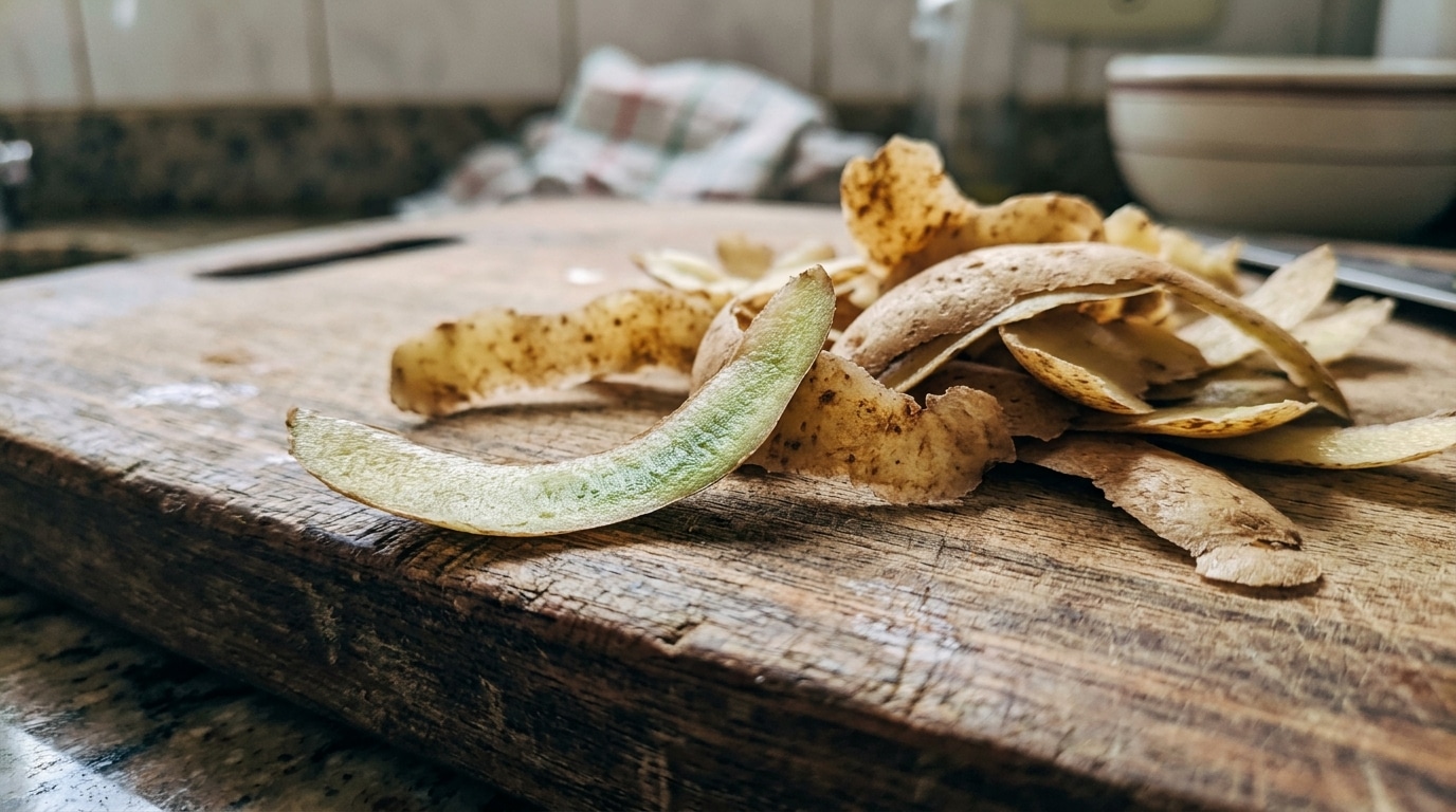 Fitas de casca de batata crua sobre uma tábua de corte de madeira rústica. Em primeiro plano, uma fita inteira de casca chama a atenção por apresentar uma forte coloração verde na parte interna.