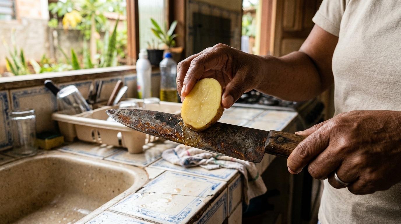 Pessoa esfregando metade de uma batata crua diretamente na lâmina enferrujada de uma faca de cozinha sobre a pia.