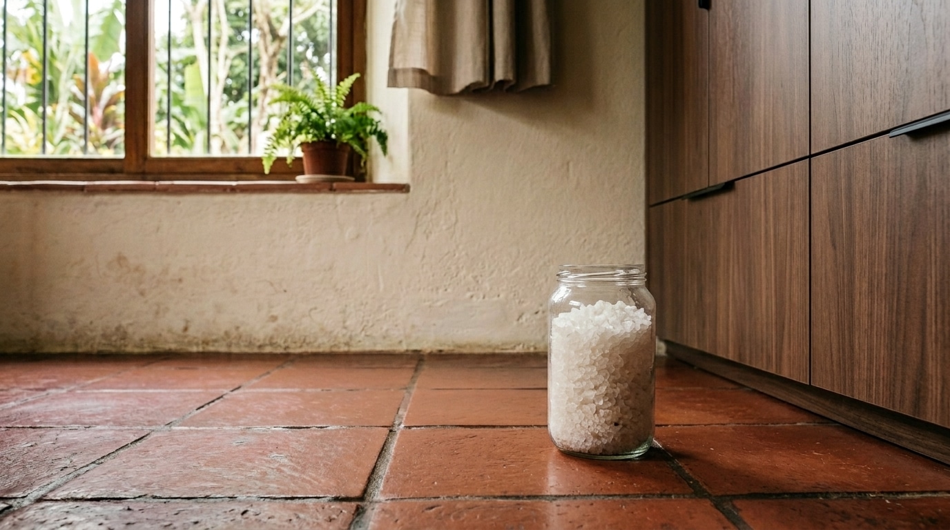 Um pote de vidro cheio de sal grosso posicionado estrategicamente no chão de piso de cerâmica vermelha rústica, bem encostado no canto entre uma parede clara e a lateral de um armário de madeira escura.