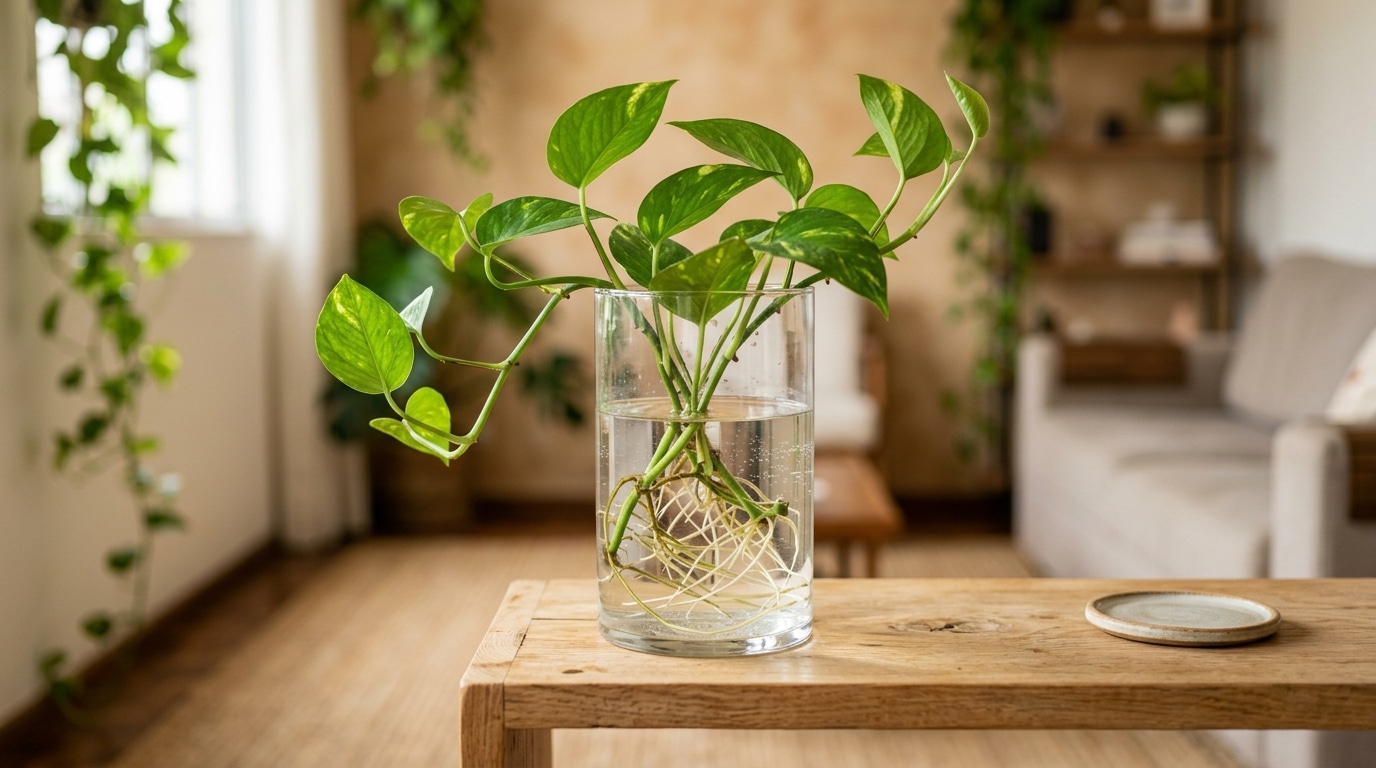 Vaso de vidro transparente com galhos de jiboia cultivados na água e longas raízes aparentes, posicionado sobre uma mesa de madeira clara em uma sala de estar iluminada.