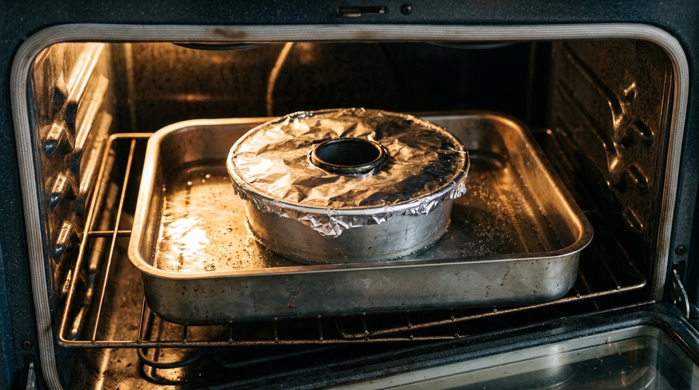 Forma redonda de alumínio com furo central, forrada com calda de caramelo e preenchida com a massa do pudim, acomodada dentro de uma assadeira retangular maior contendo água fervente para o cozimento.
