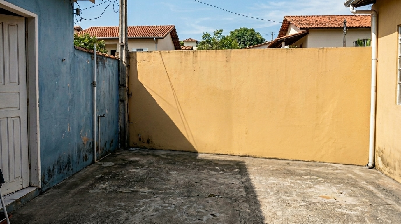 Quintal aberto e vazio com piso de cimento batido áspero, cercado por um muro alto amarelo e uma parede lateral azul com marcas de umidade.