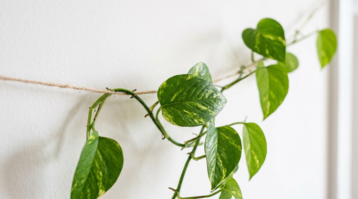 Fotografia macro e em fundo claro mostrando um longo ramo de planta jiboia, com folhas verdes brilhantes e manchas amareladas (variegação). O caule texturizado repousa e cresce ao longo de um barbante rústico esticado horizontalmente contra uma parede branca lisa. É possível ver pequenas raízes aéreas se desenvolvendo nos nós da planta.