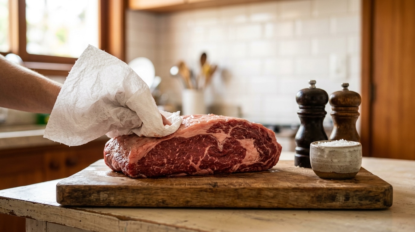 Uma mão utilizando folhas de papel toalha para secar a umidade da superfície de um corte grosso de carne crua. A carne está sobre uma tábua de madeira rústica, com um pote de sal e moedores ao fundo.