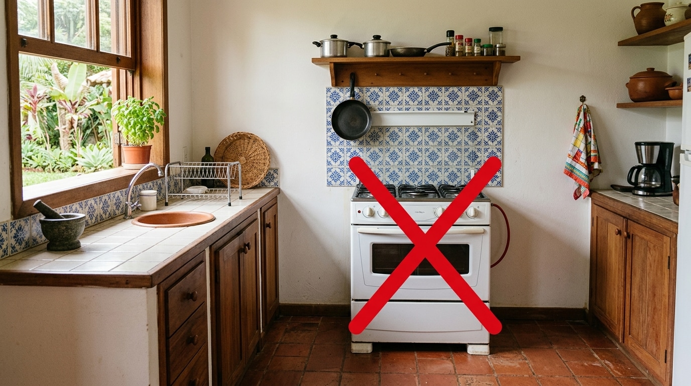 Cozinha rústica iluminada por luz natural, com armários de madeira maciça, bancada de azulejos claros e um painel de azulejos portugueses em azul e branco. No centro, um fogão a gás branco tradicional está coberto por um grande marcador gráfico de um 'X' vermelho vibrante. Ao lado esquerdo, uma janela de madeira revela um jardim verde.