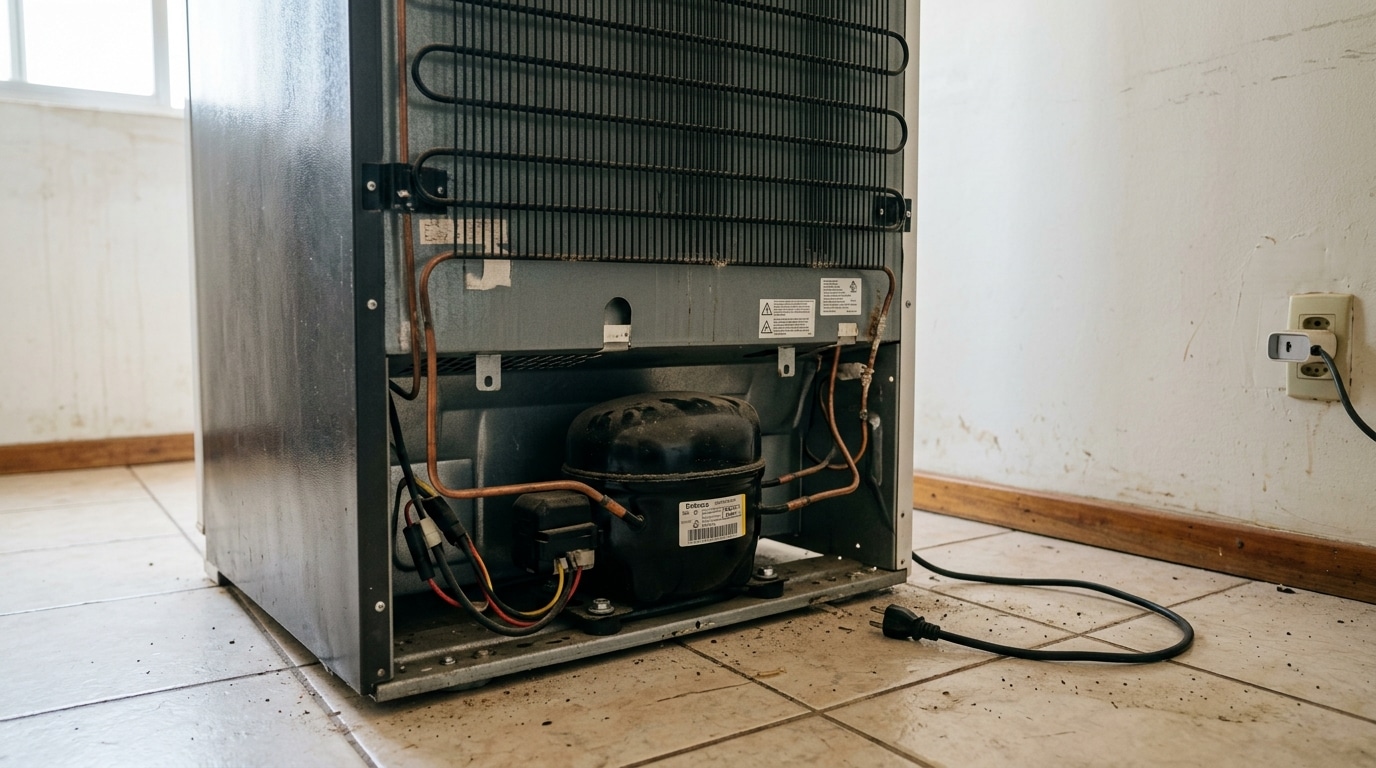 Visão técnica da parte traseira de uma geladeira afastada da parede branca. A imagem mostra a grade de condensação preta, tubulações de cobre e o compressor escuro na base. O cabo de energia está desconectado e caído sobre o piso de cerâmica.