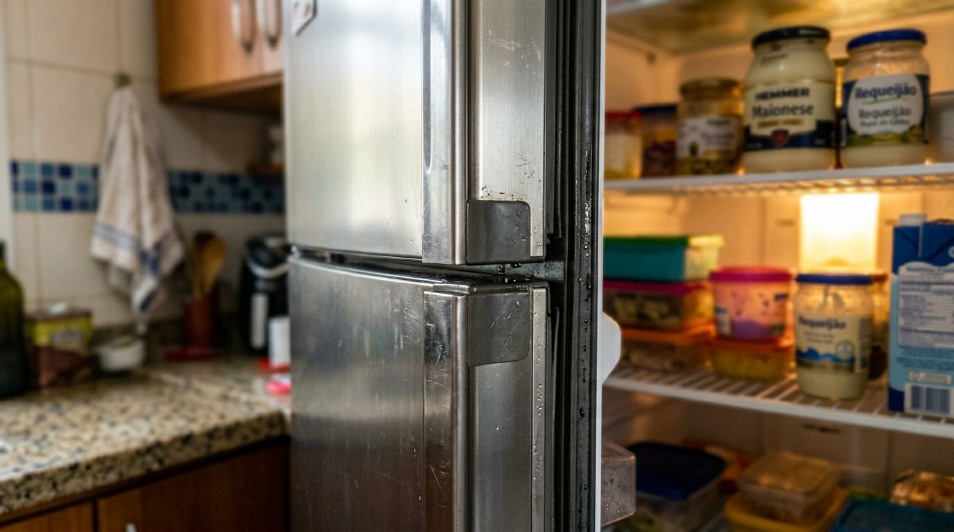 Geladeira de aço inox com a porta levemente entreaberta, revelando o interior iluminado organizado com potes e laticínios, com foco visual na borracha preta de vedação lateral.