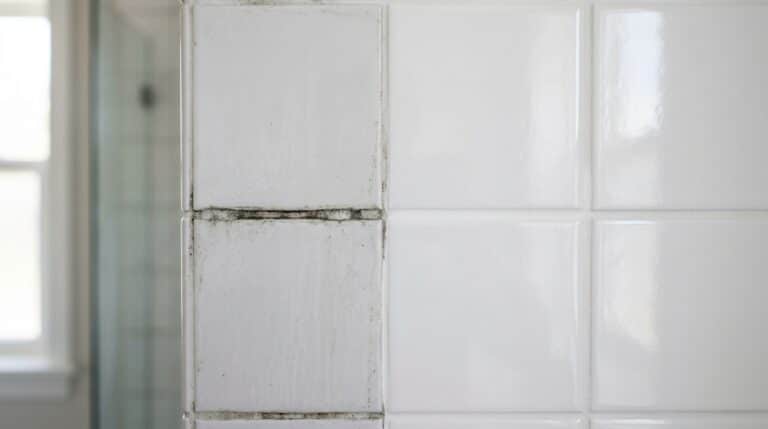 Parede de azulejos brancos exibindo o lado esquerdo com rejuntes pretos de mofo e o lado direito com os rejuntes totalmente limpos e brancos.