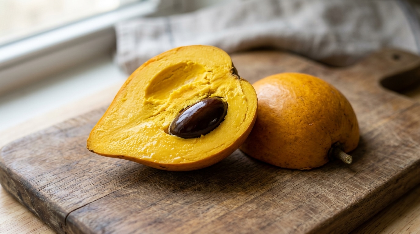 Fruta-ovo (canistel) cortada ao meio sobre uma tábua de madeira rústica, exibindo uma polpa amarela de textura densa e uma grande semente marrom e brilhante no centro. Atrás, a outra metade da fruta com a casca amarela lisa.