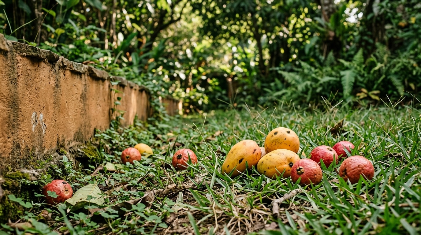 Mangas e outras frutas maduras caídas sobre a grama verde rasteira ao lado de um pequeno muro de divisão de propriedades.