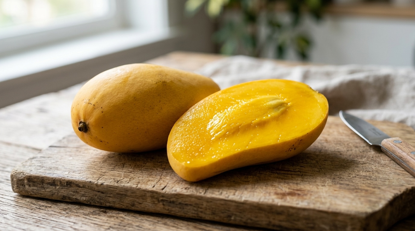 Manga amarela cortada ao meio, exibindo uma polpa úmida e brilhante de cor amarelo-ouro, apoiada sobre uma tábua de corte de madeira rústica. Ao lado, há uma manga inteira e uma pequena faca com cabo de madeira.