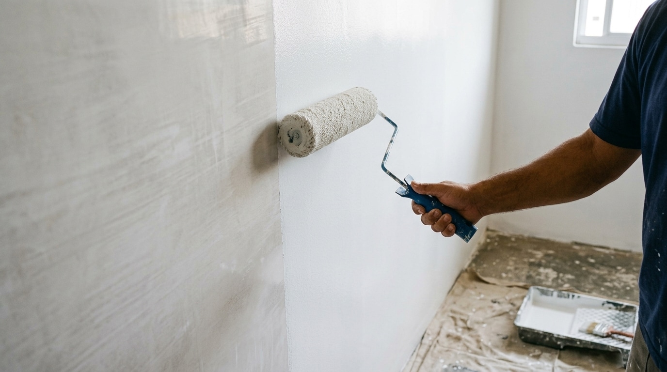 Braço de um homem segurando um rolo de pintura de lã e aplicando tinta branca fosca sobre uma parede recém-emassada de tom acinzentado. No chão, sobre uma lona protetora, encontra-se uma bandeja de pintura metálica.