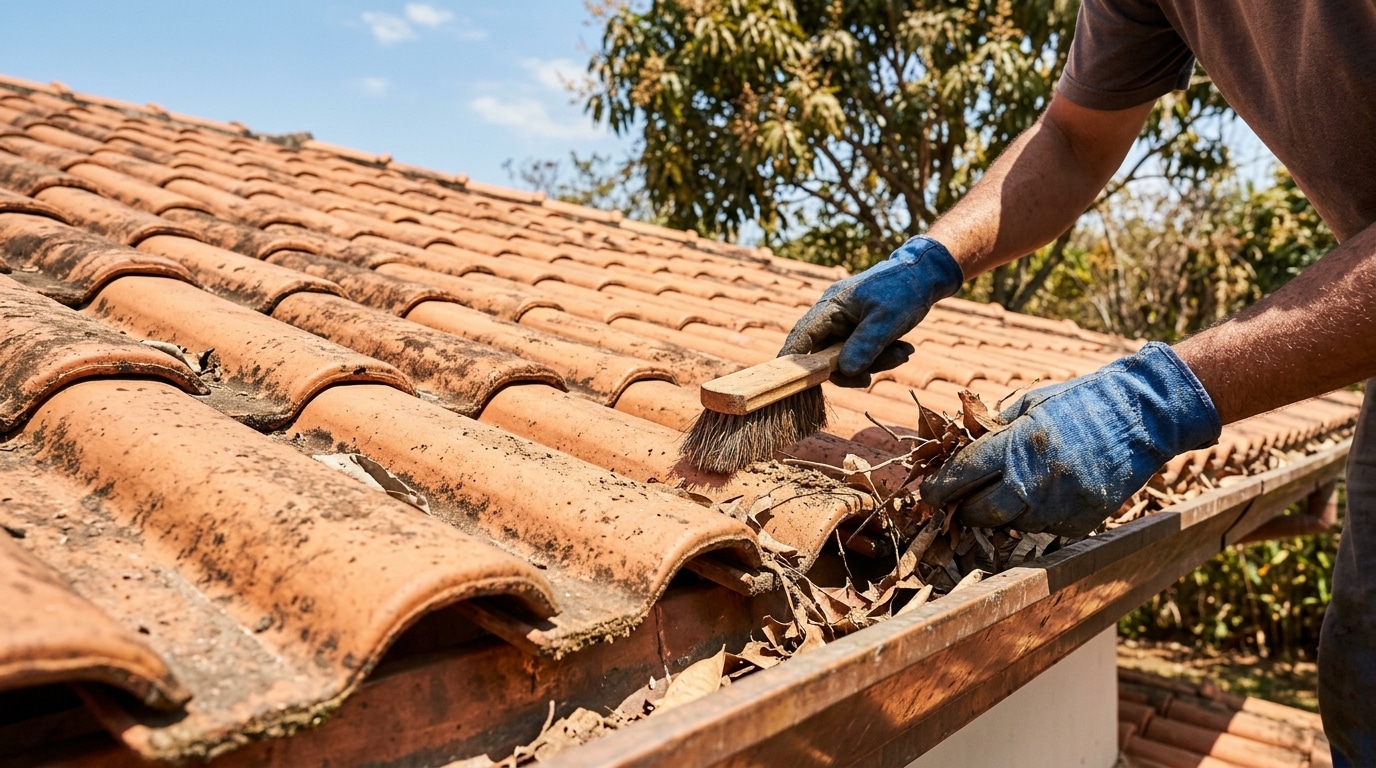 Homem usando luvas azuis limpando folhas secas e sujeira de um telhado de telhas de barro e de uma calha, utilizando uma escova de cerdas duras em um dia ensolarado.