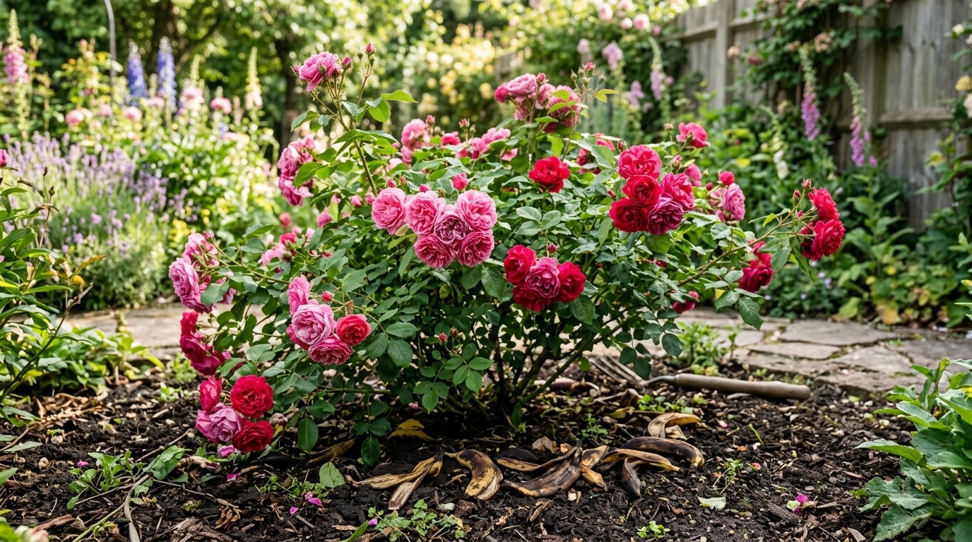 Arbusto de roseira cultivado no solo do jardim, repleto de rosas em tons de rosa intenso, com cascas de banana espalhadas sobre a terra escura na base da planta.