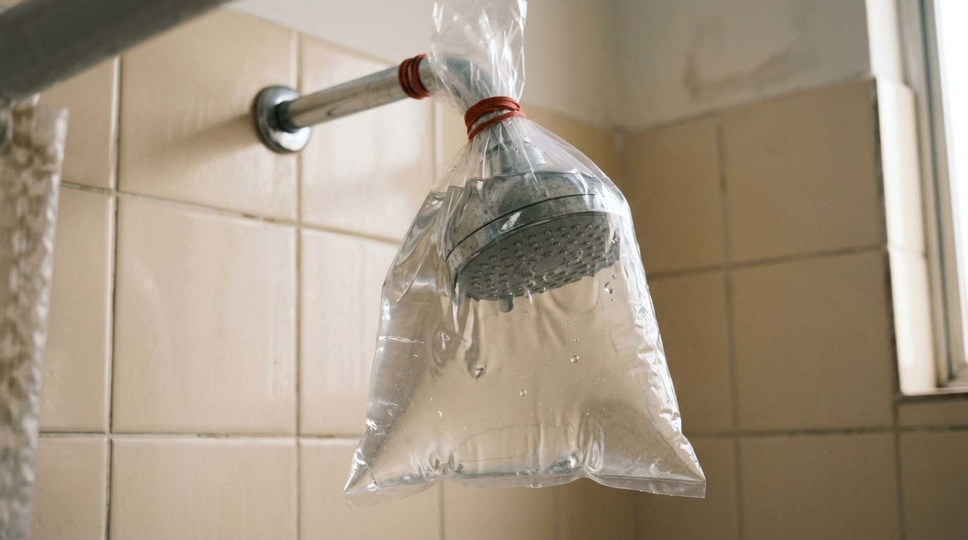 Chuveiro de metal fixado na parede envolto por um saco plástico transparente, preso firmemente com faixas elásticas vermelhas e cheio de um líquido claro.