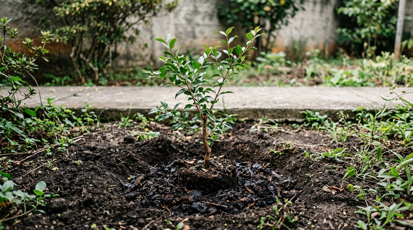 Pequena muda de árvore recém-plantada na terra adubada de um quintal, cercada por vegetação rasteira e uma calçada de cimento.