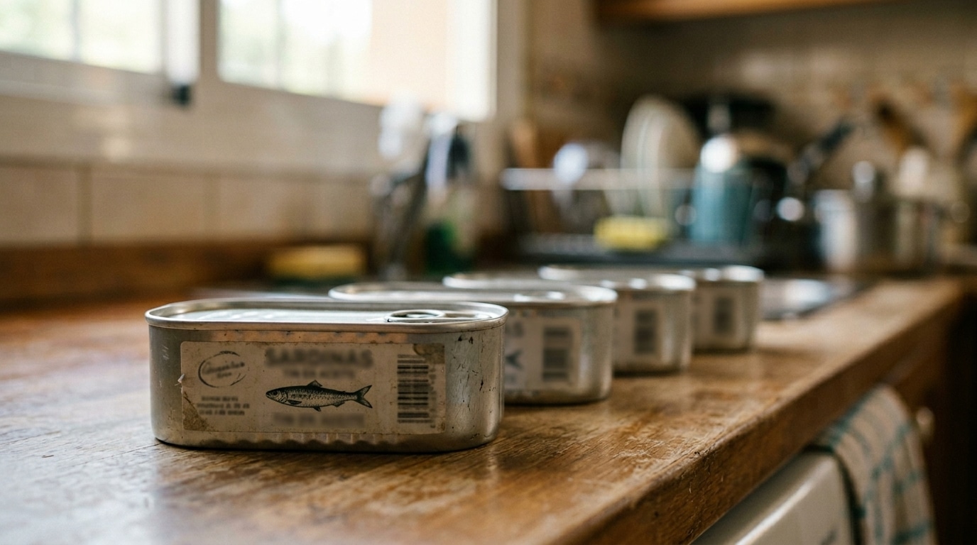 Quatro latas de sardinha em conserva alinhadas sobre uma bancada rústica de madeira em uma cozinha iluminada, com foco na primeira embalagem que exibe a ilustração de um peixe.