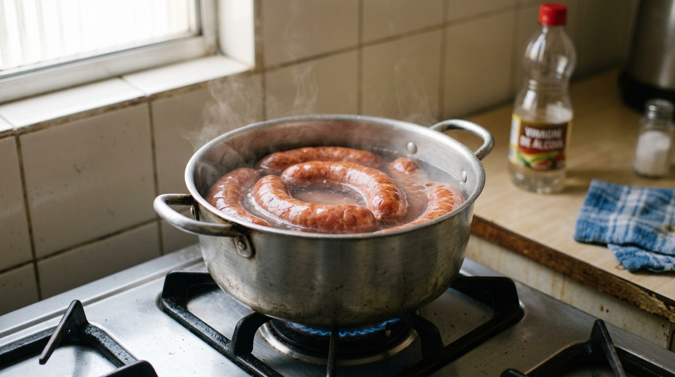 Panela de alumínio sobre a chama do fogão com linguiças fervendo em água e emitindo bastante vapor. Ao fundo, uma garrafa de vinagre de álcool desfocada.