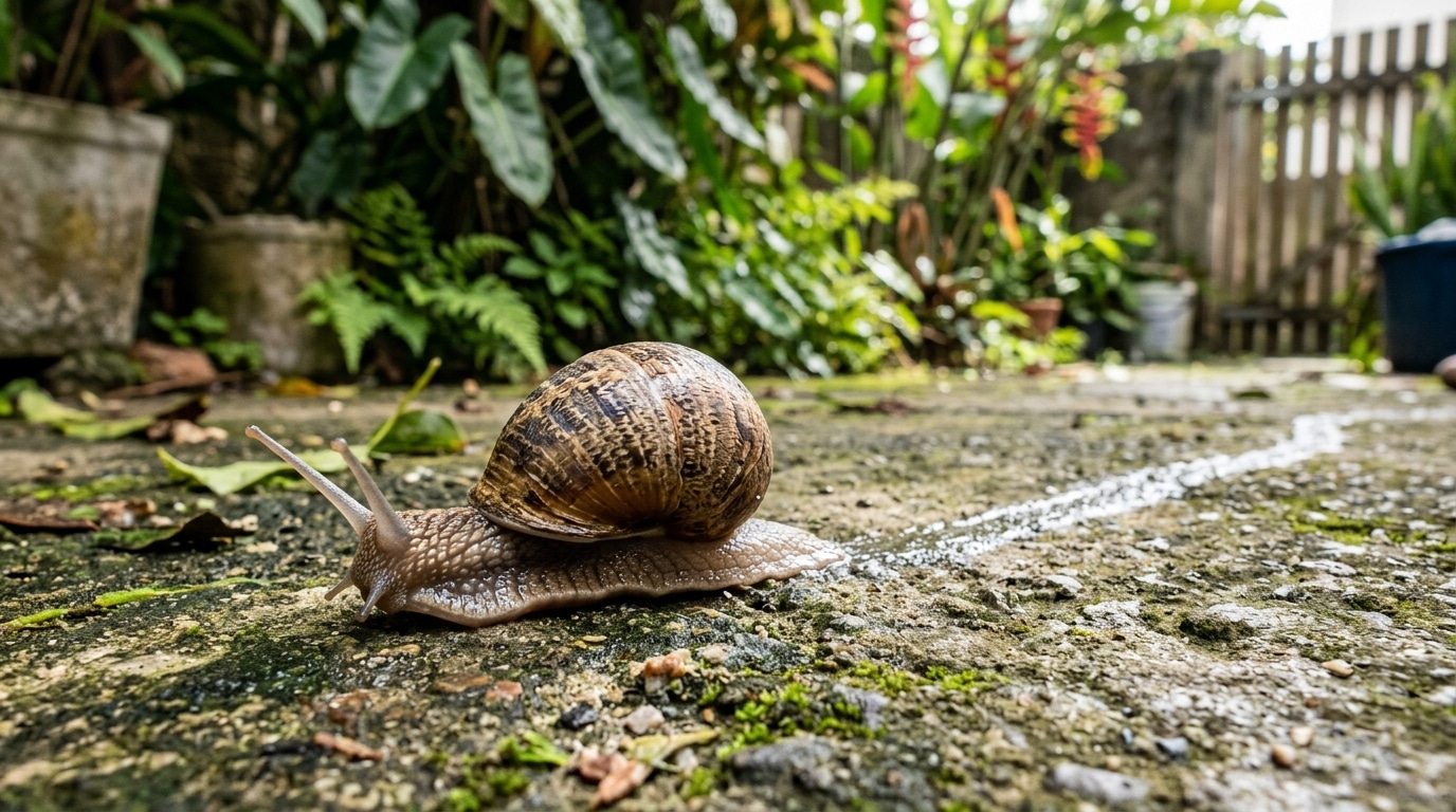 Um caramujo com concha marrom texturizada rastejando sobre um piso de cimento rústico coberto por musgo. O molusco deixa um rastro brilhante e úmido de muco por onde passa. Ao fundo, um jardim verde desfocado com folhagens densas.