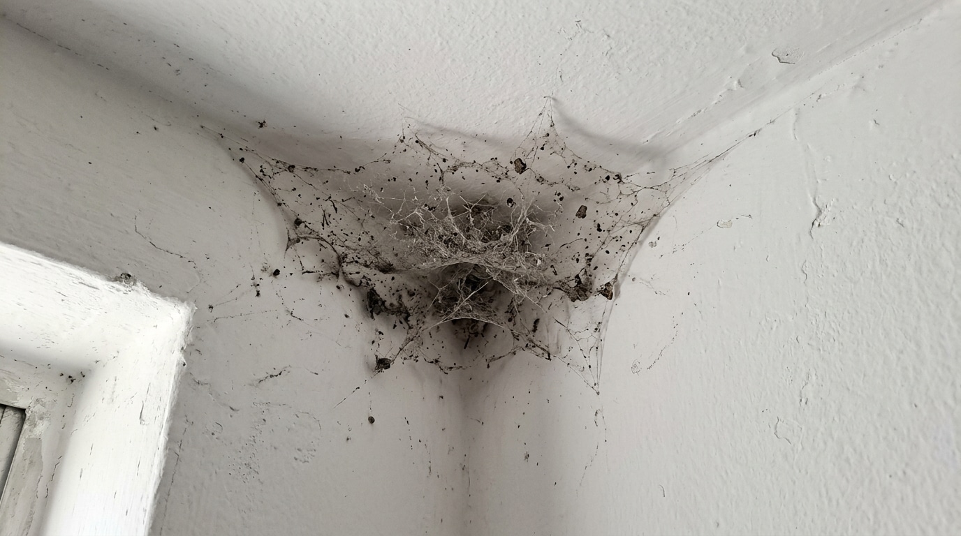 Foco em detalhe de uma quina entre a parede e o teto brancos, completamente tomada por uma teia de aranha espessa, escura e carregada de poeira e pequenos detritos acumulados.