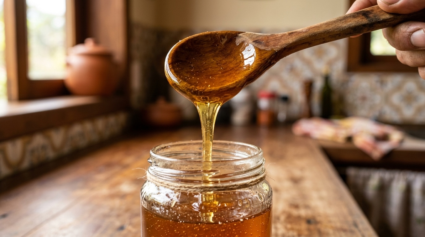 Mão segurando uma colher de madeira rústica levantando uma porção de mel denso e dourado de dentro de um pote de vidro.