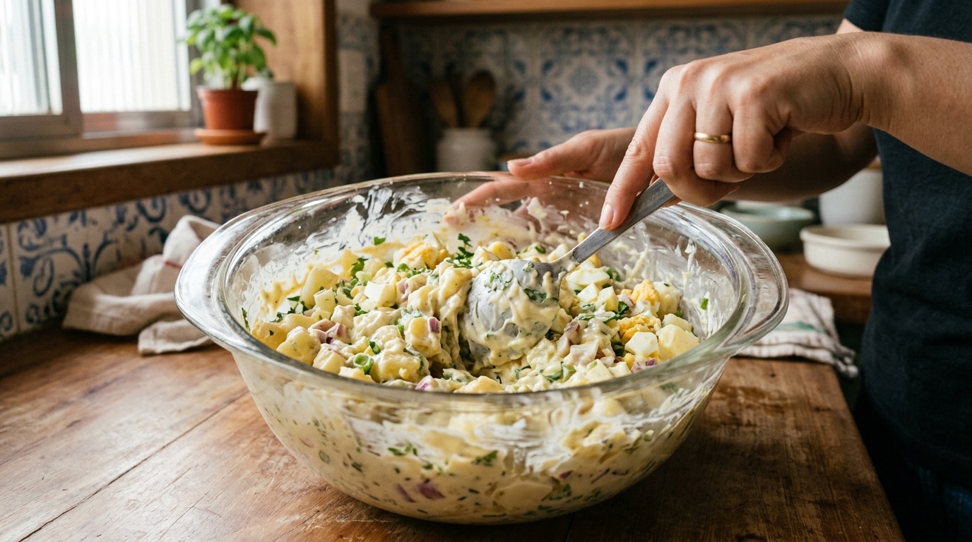 Mão utilizando uma colher grande para misturar delicadamente batatas, cenouras, ervilhas e ovos picados com maionese caseira cremosa dentro de uma tigela funda.