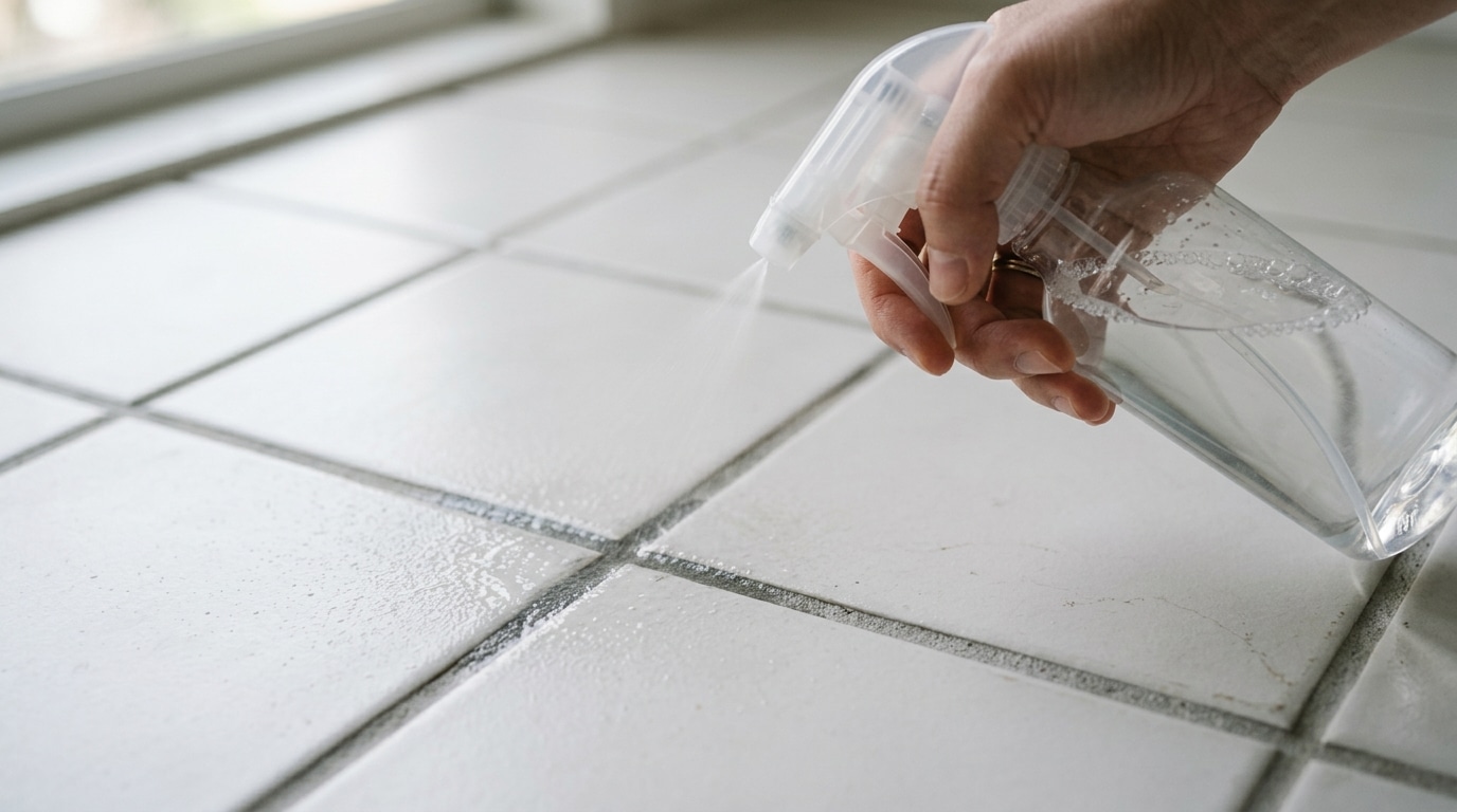Close-up de uma mão segurando um frasco borrifador transparente, disparando uma névoa fina e visível de líquido sobre um piso de azulejos brancos com linhas de rejunte cinza. A luz natural lateral destaca as microgotículas no ar e na superfície cerâmica.