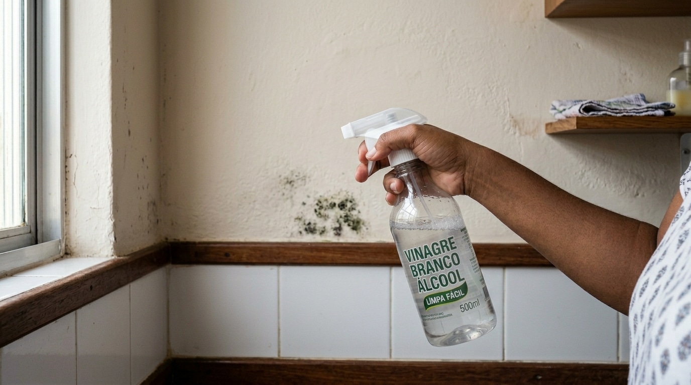 Mão segurando um borrifador com vinagre branco de álcool e aplicando o líquido diretamente sobre manchas de mofo escuro na parede próxima à janela.