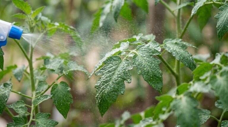 Bico de um borrifador aplicando uma névoa fina de spray sobre folhas verdes de tomateiro cobertas por gotículas de água.