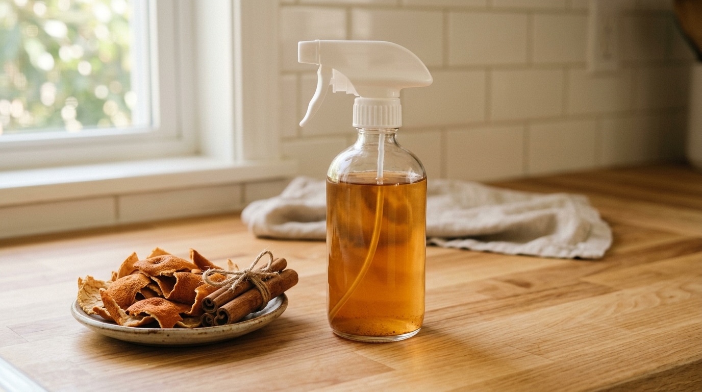 Frasco de vidro transparente com borrifador branco contendo líquido âmbar, posicionado sobre um balcão de madeira lisa. Ao lado, um prato de cerâmica exibe cascas de laranja secas e paus de canela amarrados com sisal. Fundo com azulejos brancos e janela.