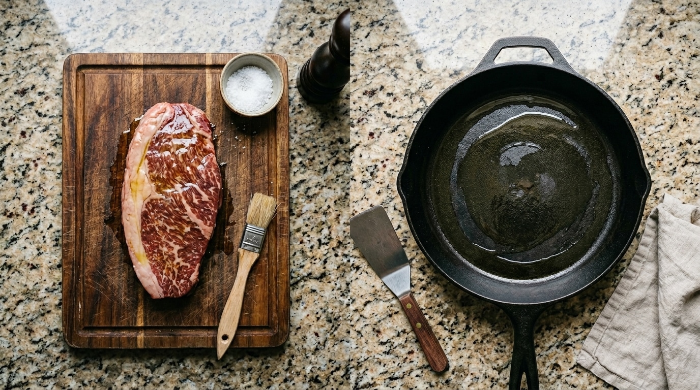 Imagem dividida mostrando o preparo inicial. À esquerda, uma peça de carne crua sobre uma tábua de madeira com sal grosso, pincel culinário e moedor de pimenta. À direita, uma frigideira de ferro fundido com óleo disposta sobre uma bancada de granito.