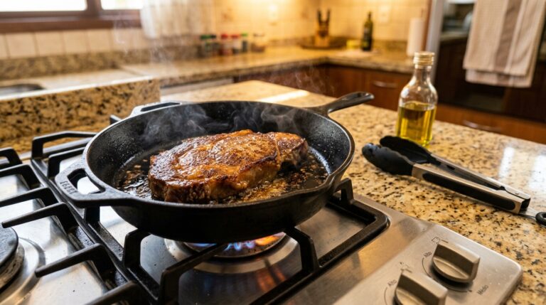 Um bife grosso sendo selado em uma frigideira de ferro fundido sobre a chama acesa de um fogão a gás, gerando fumaça visível. Na bancada ao lado, repousam um pegador de inox e uma garrafa de azeite.