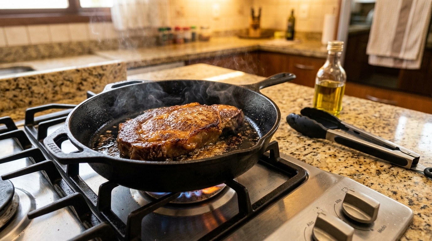 Um bife grosso sendo selado em uma frigideira de ferro fundido sobre a chama acesa de um fogão a gás, gerando fumaça visível. Na bancada ao lado, repousam um pegador de inox e uma garrafa de azeite.