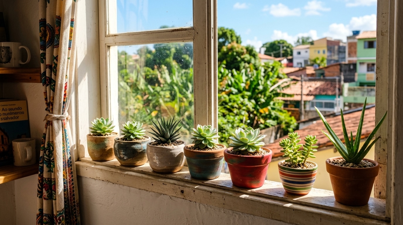 Uma fileira organizada de seis pequenos vasos rústicos contendo diferentes tipos de suculentas, incluindo uma Echeveria e um Aloe vera. Elas estão alinhadas no parapeito de uma janela de madeira aberta, banhadas por forte luz solar direta, com vista para as casas e árvores de um bairro tranquilo.