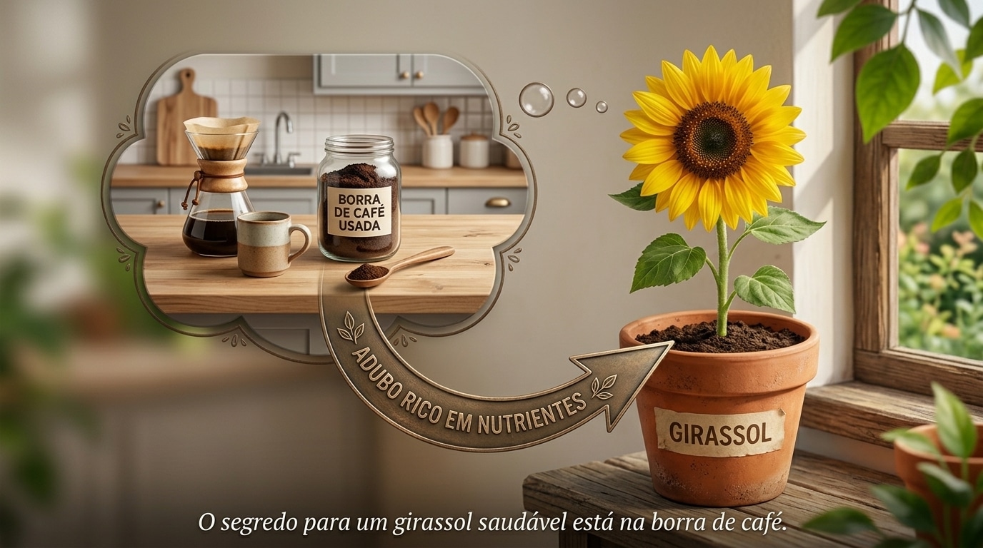 Composição visual mostrando um girassol florido em um vaso de barro com a etiqueta "GIRASSOL". Uma seta dourada aponta para a terra com a inscrição "ADUBO RICO EM NUTRIENTES", originada de um balão de pensamento que exibe uma bancada de cozinha com café coado e um pote de "BORRA DE CAFÉ USADA".