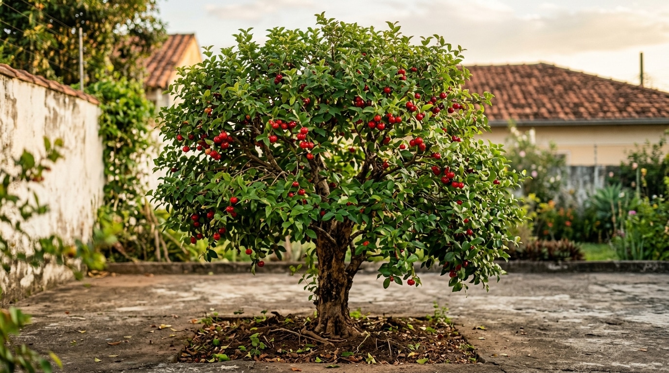 Pitangueira de copa arredondada, repleta de pequenos frutos vermelhos, cultivada em um recorte quadrado na calçada de cimento de um quintal residencial.