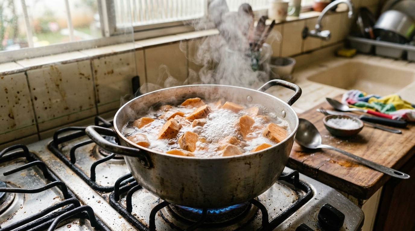 Panela de alumínio tradicional em um fogão a gás com água em alta ebulição, cozinhando pedaços rústicos de batata-doce laranja com casca. Vapor denso sobe da panela. Ao fundo, uma cozinha com azulejos claros e utensílios sobre uma bancada de madeira.