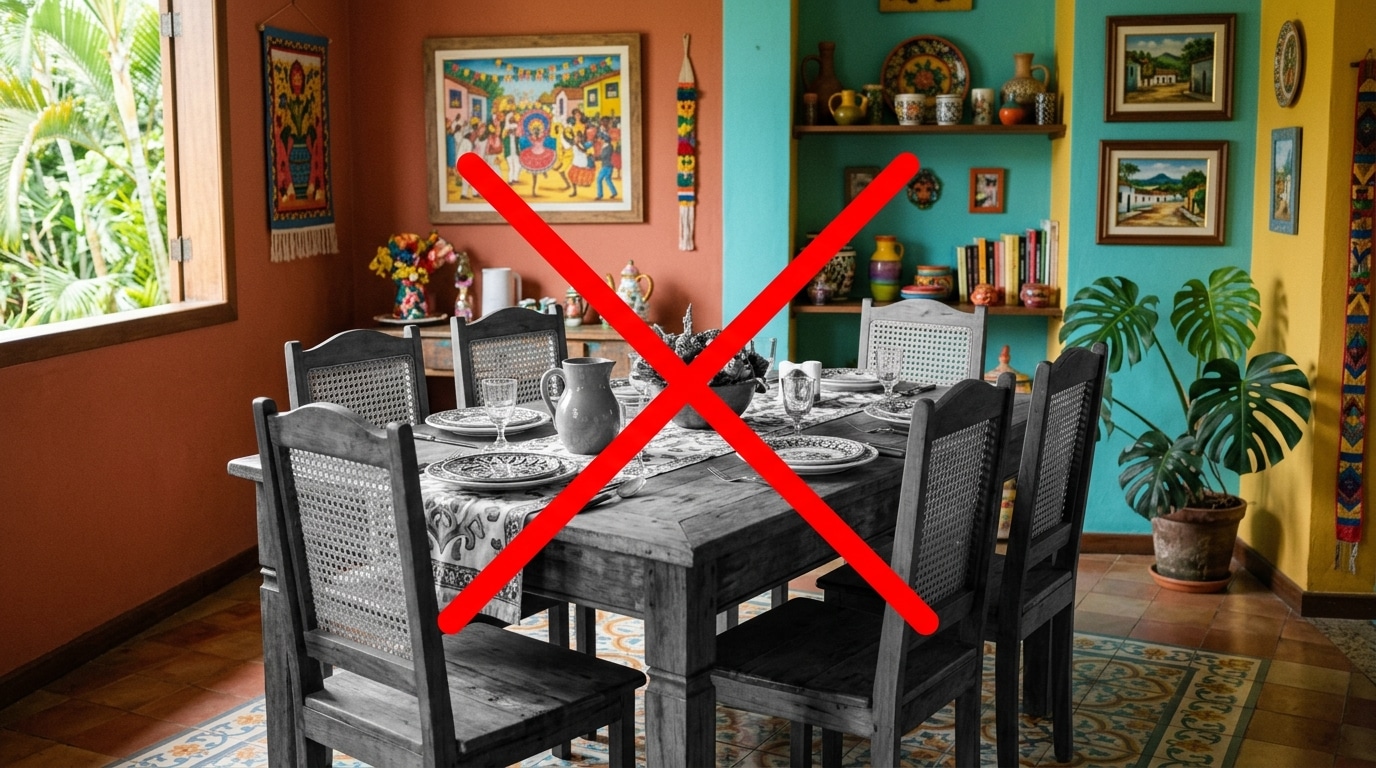Mesa de jantar rústica de madeira cinza com cadeiras de encosto em palhinha, centralizada em uma sala com paredes pintadas em blocos de cores vibrantes (laranja, turquesa e amarelo). A decoração inclui quadros de arte folclórica, cerâmicas e uma grande planta costela-de-adão.