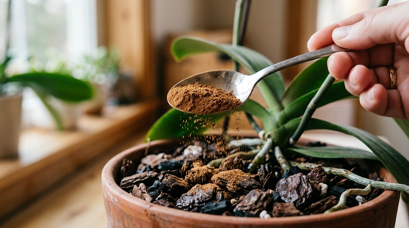 Mão segurando uma colher de chá e polvilhando canela em pó sobre o substrato rústico feito de cascas de pinus na base de uma orquídea.