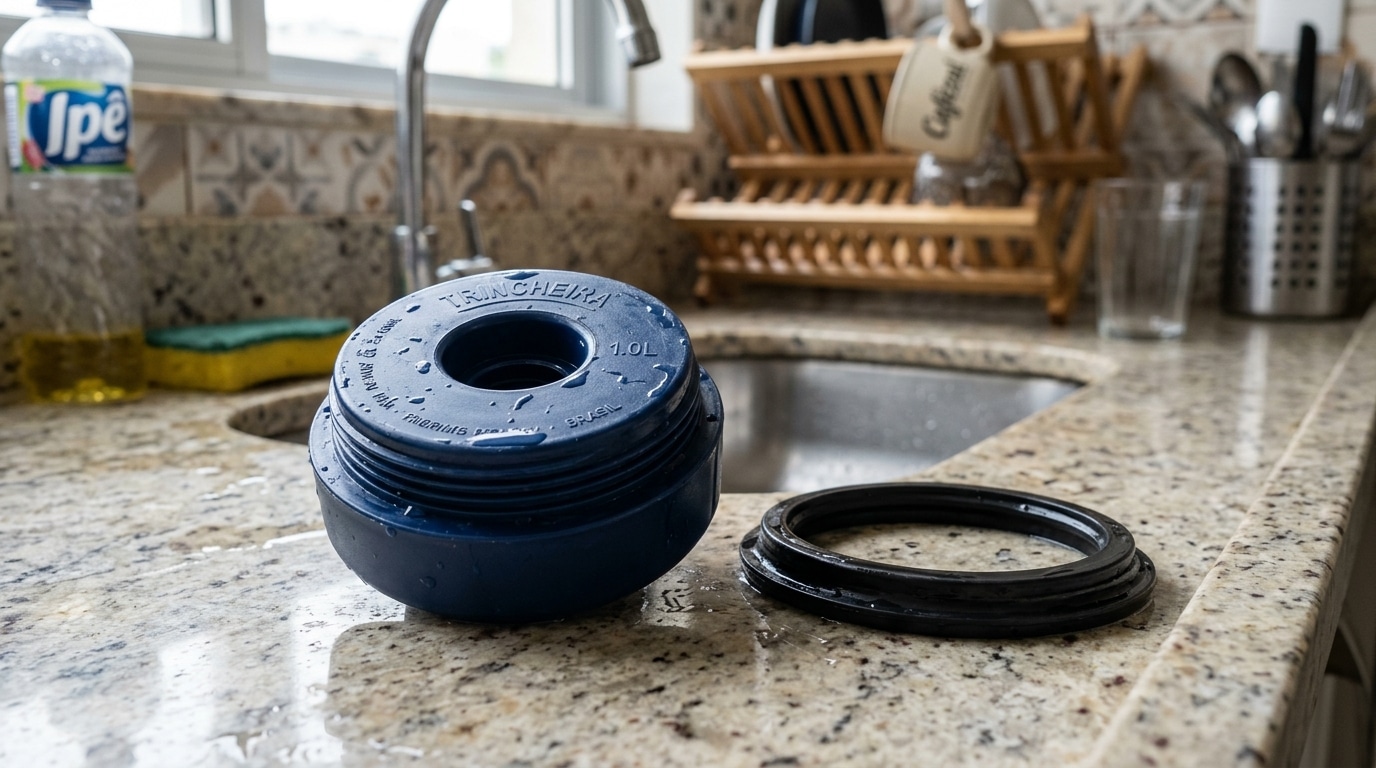 Tampa azul de garrafa térmica desmontada sobre uma bancada de granito molhada. O anel de borracha preta de vedação foi removido e está posicionado ao lado da rosca plástica para higienização detalhada