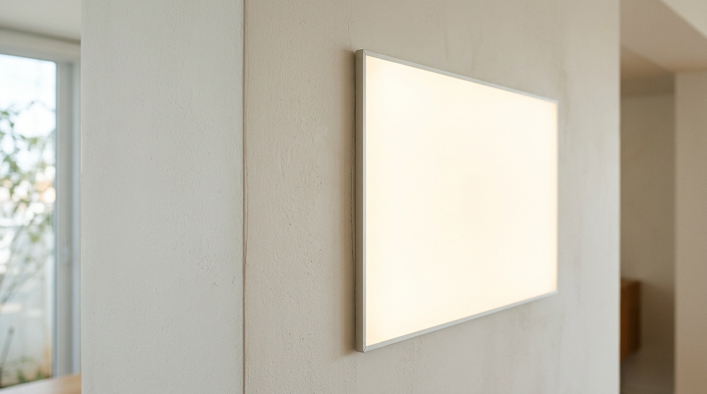 Detalhe de um painel de iluminação retangular, muito fino e de bordas metálicas claras, instalado diretamente sobre uma parede branca, emitindo uma luz amarelada e uniforme.