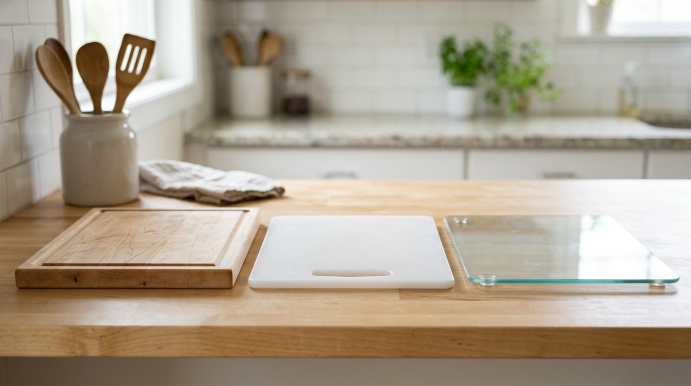 Três tábuas de corte de diferentes materiais alinhadas lado a lado sobre uma bancada de madeira clara em uma cozinha moderna: uma tábua de madeira rústica com canaleta, uma de plástico branco sólido e uma de vidro temperado transparente com pés de silicone.