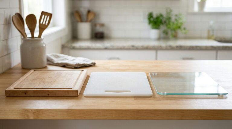 Três tábuas de corte de diferentes materiais alinhadas lado a lado sobre uma bancada de madeira clara em uma cozinha moderna: uma tábua de madeira rústica com canaleta, uma de plástico branco sólido e uma de vidro temperado transparente com pés de silicone.