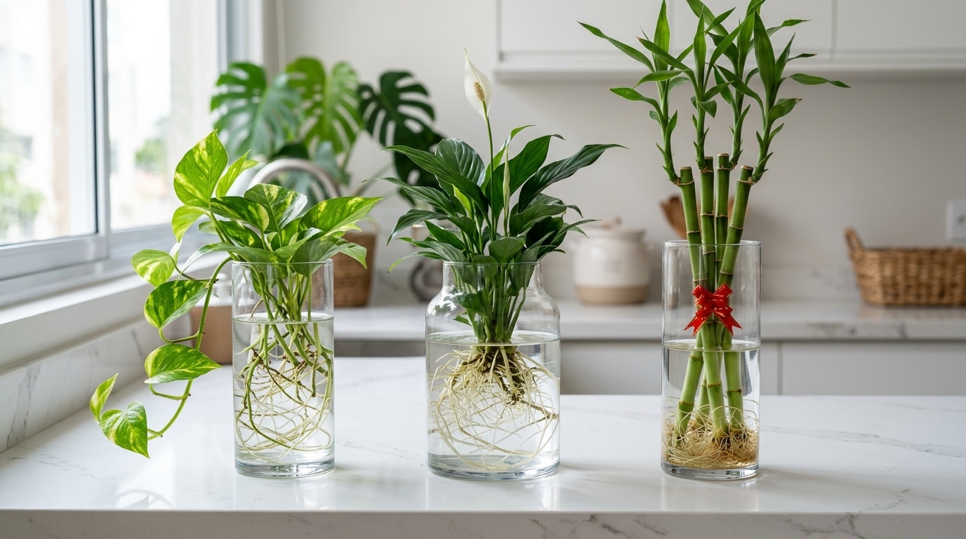Três vasos de vidro transparente sobre uma bancada branca de cozinha, contendo mudas de jiboia, lírio-da-paz e bambu-da-sorte cultivadas diretamente na água com suas raízes visíveis.
