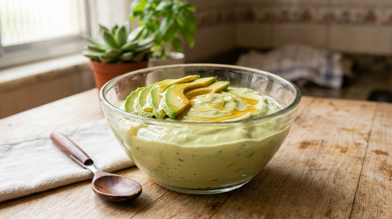 Tigela de vidro transparente servida com um creme verde claro e espesso de abacate, finalizada com finas fatias da fruta e generosos fios de mel por cima. O recipiente repousa sobre uma mesa de madeira rústica, ao lado de uma colher de pau.